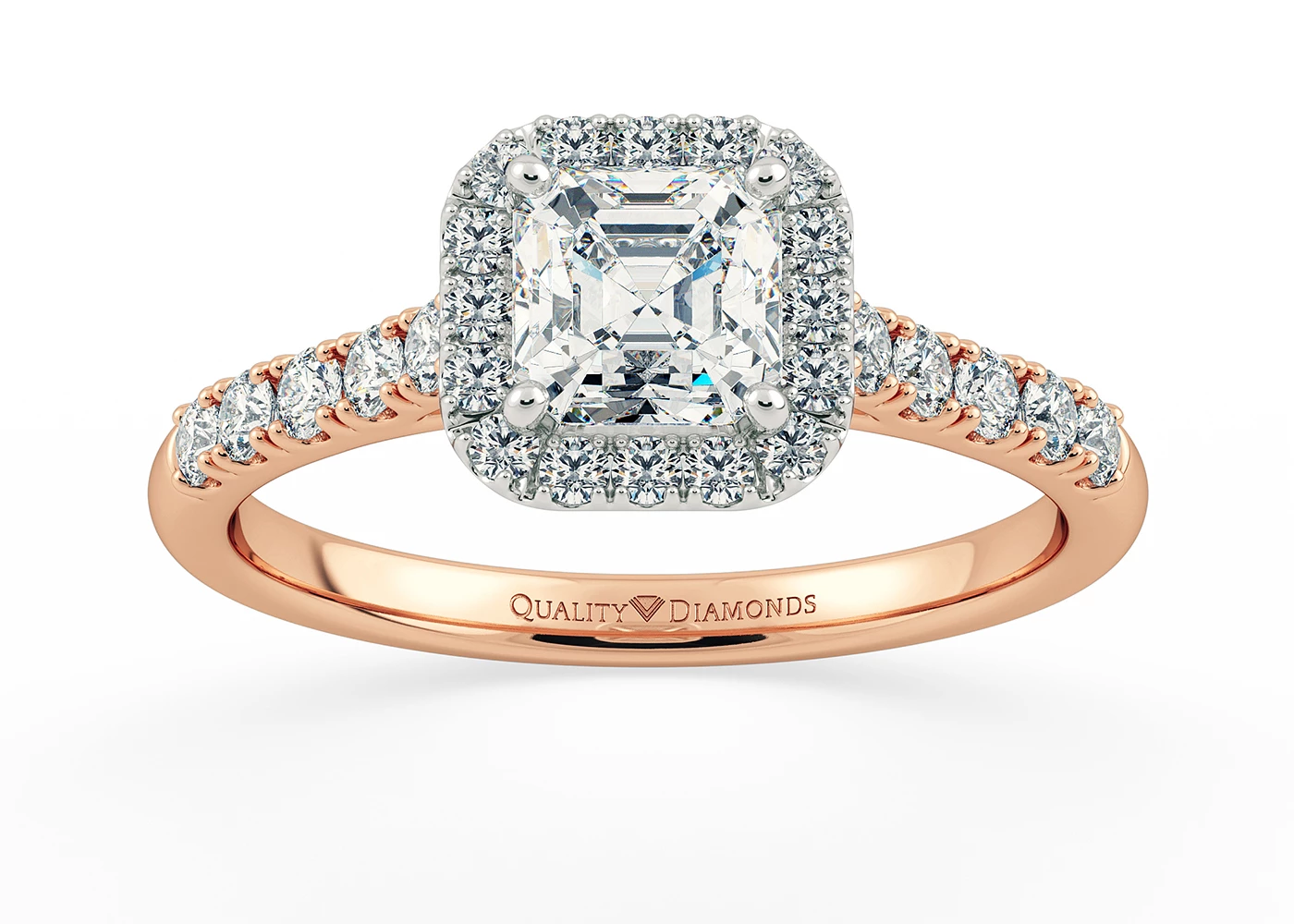 Two Carat Lab Grown Asscher Halo Diamond Ring in 18K Rose Gold