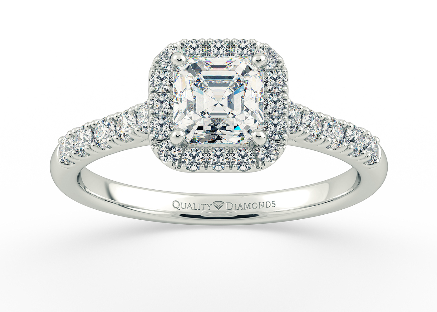 One Carat Halo Asscher Diamond Ring in 9K White Gold
