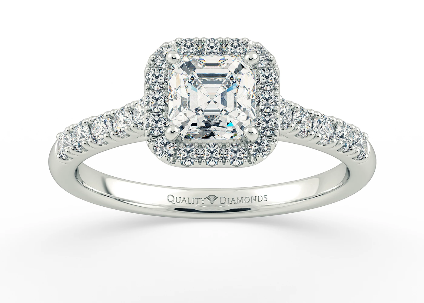Two Carat Halo Asscher Diamond Ring in 18K White Gold