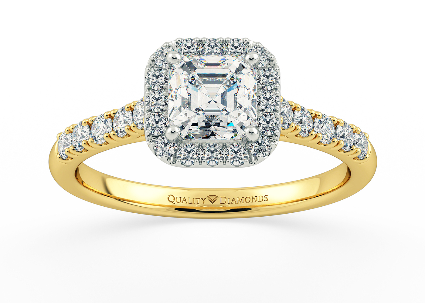One Carat Lab Grown Asscher Halo Diamond Ring in 18K Yellow Gold