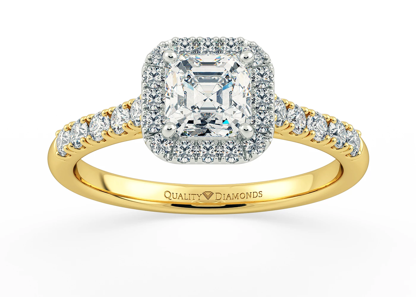 Two Carat Lab Grown Asscher Halo Diamond Ring in 18K Yellow Gold