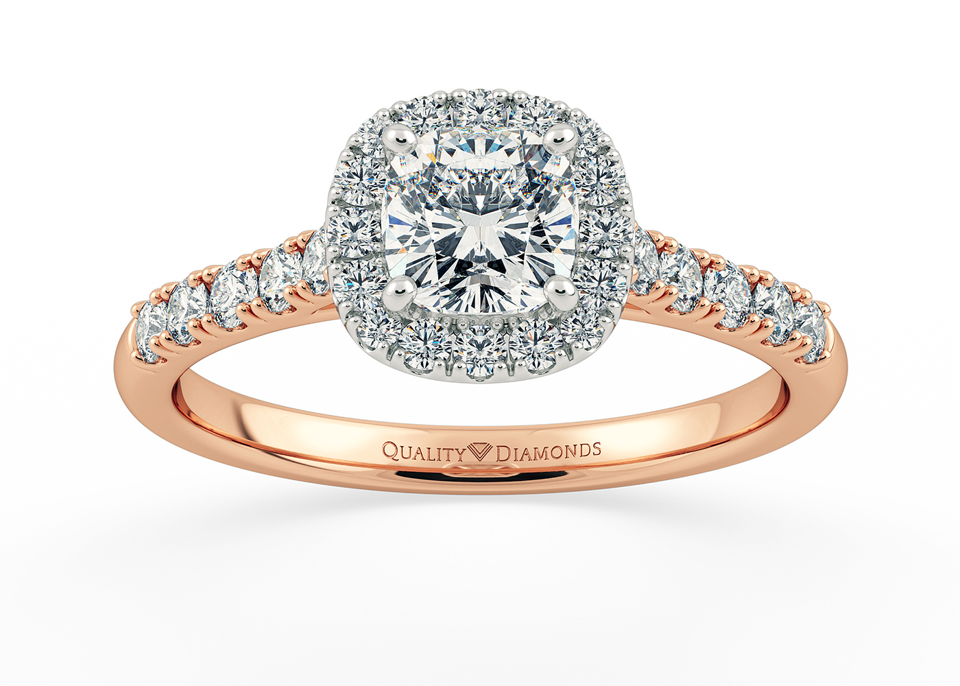 One Carat Lab Grown Cushion Halo Diamond Ring in 18K Rose Gold