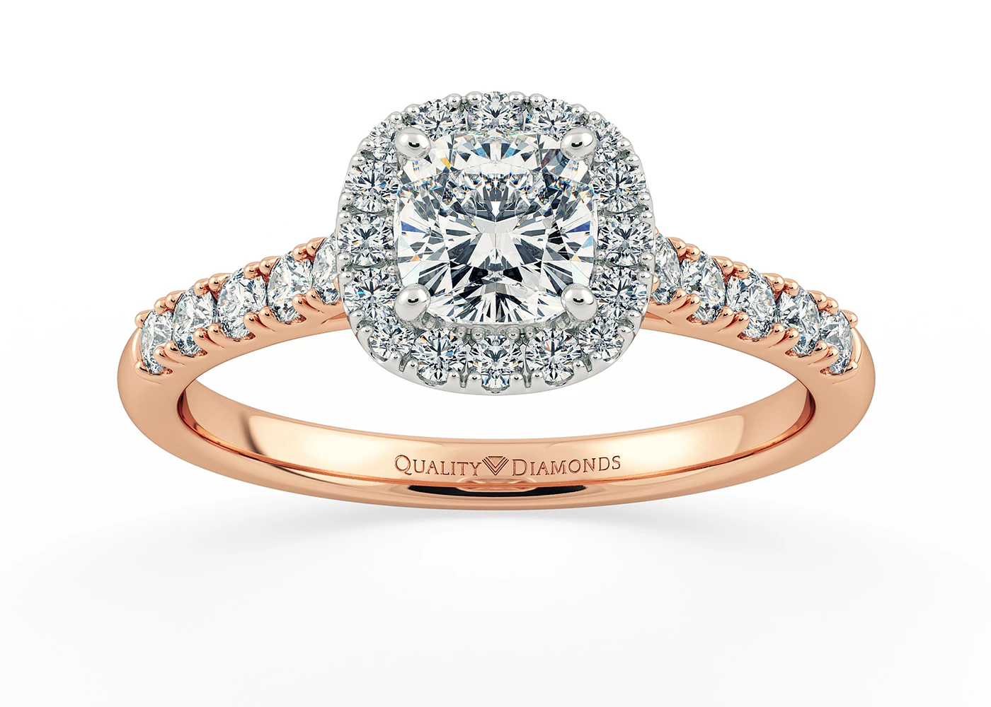 One Carat Cushion Halo Diamond Ring in 18K Rose Gold
