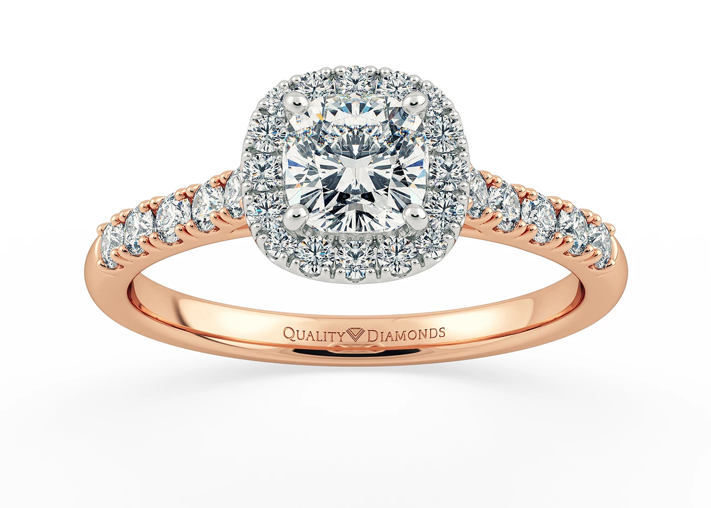 Two Carat Lab Grown Cushion Halo Diamond Ring in 18K Rose Gold