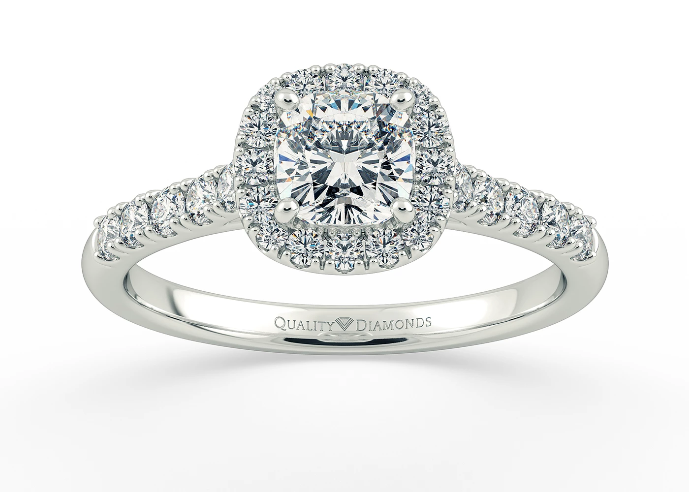 One Carat Cushion Halo Diamond Ring in 9K White Gold