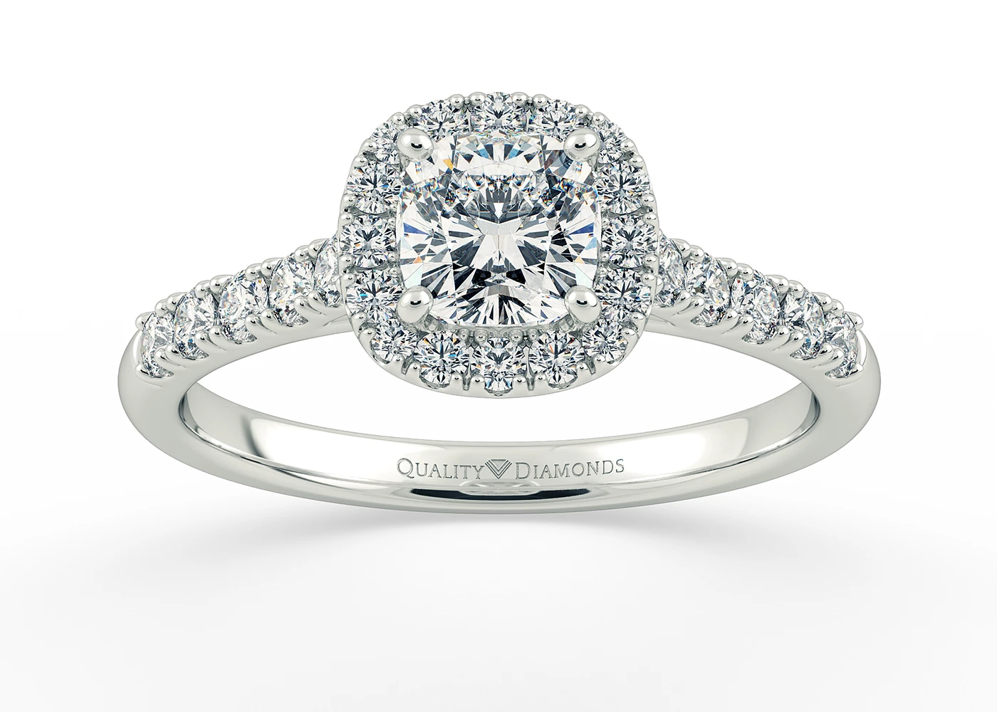 One Carat Lab Grown Cushion Halo Diamond Ring in 18K White Gold