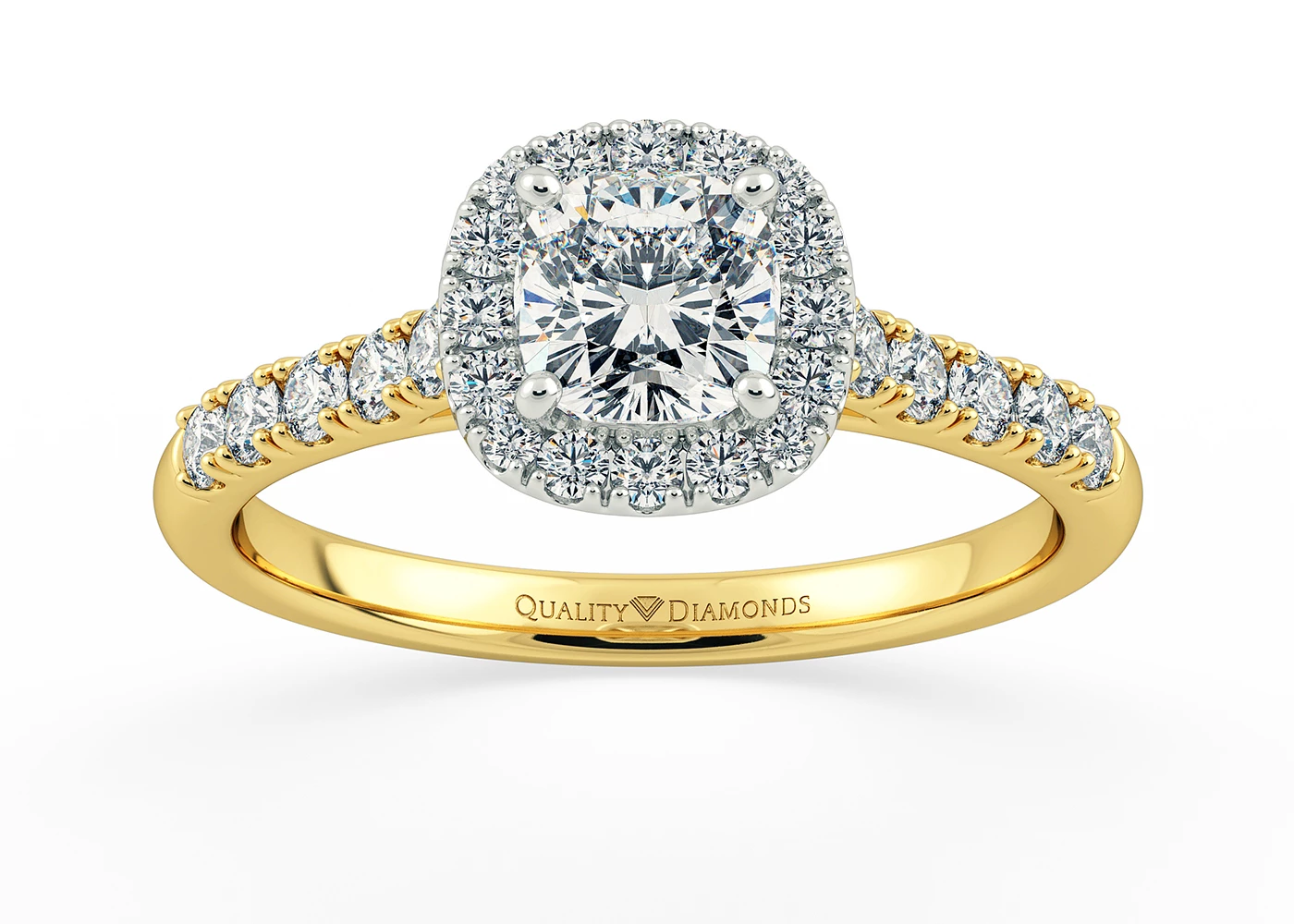 Two Carat Lab Grown Cushion Halo Diamond Ring in 18K Yellow Gold