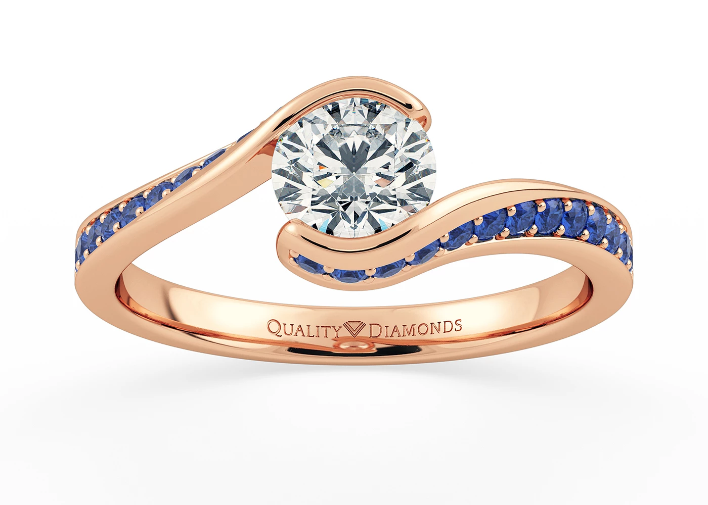 Blue Sapphire and Diamond Set Round Brilliant Hermosa Diamond Ring in 18K Rose Gold