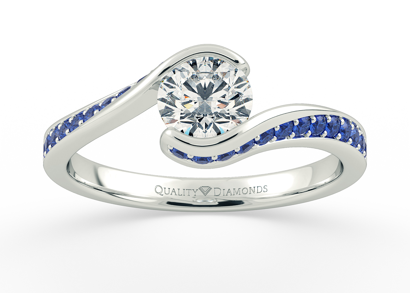 Blue Sapphire and Diamond Set Round Brilliant Hermosa Diamond Ring in 18K White Gold