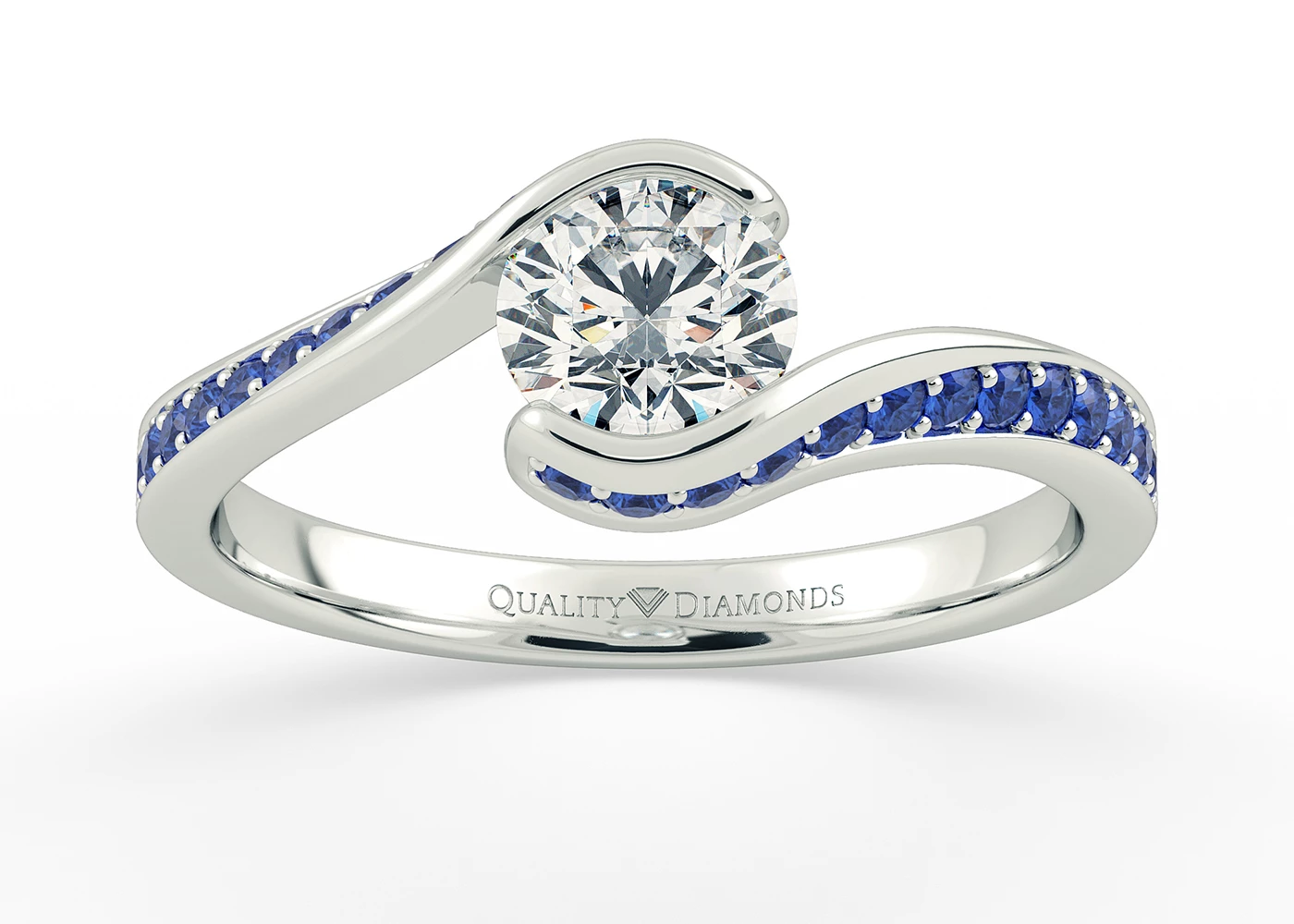 Blue Sapphire and Diamond Set Round Brilliant Hermosa Diamond Ring in Platinum