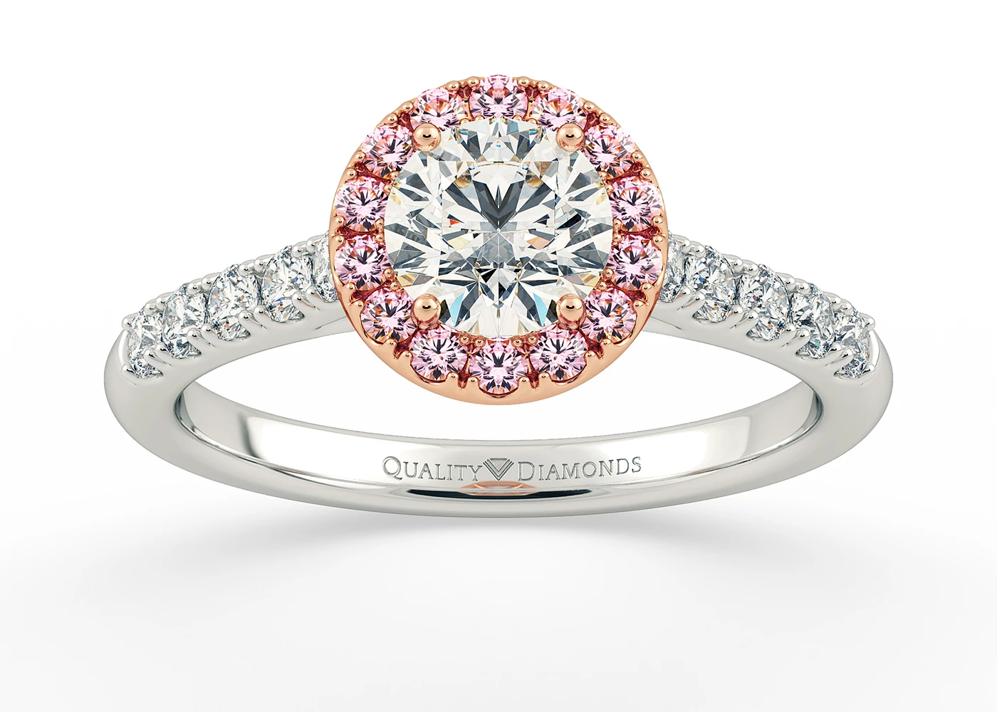 Pink Sapphire and Diamond Set Round Brilliant Bijou Diamond Ring in 18K White Gold