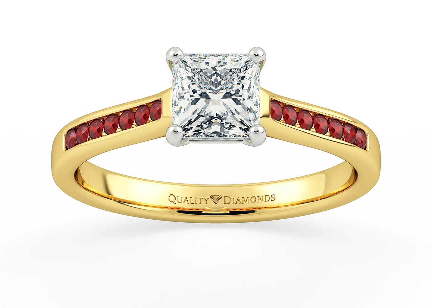Ruby Set Princess Nara Diamond Ring in 18K Yellow Gold