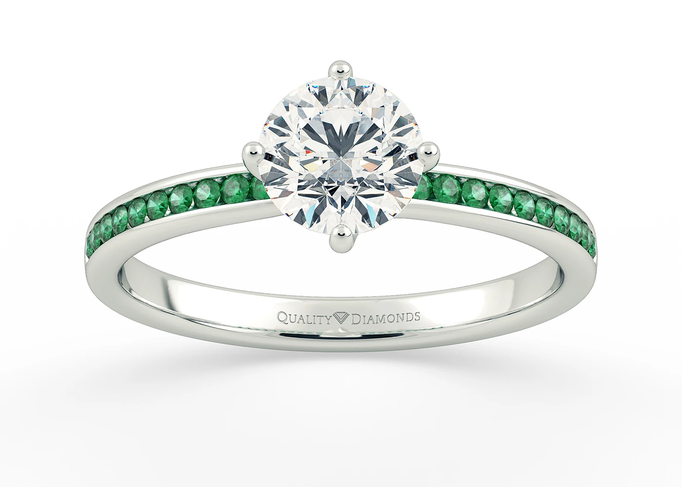 Emerald Set Round Brilliant Abbraccio Diamond Ring in 18K White Gold