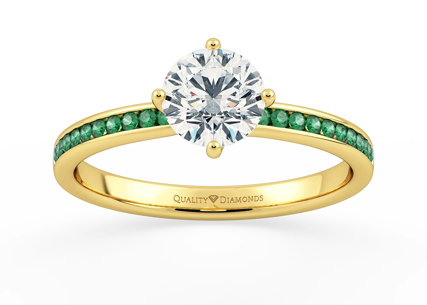 Emerald Set Round Brilliant Abbraccio Diamond Ring in 18K Yellow Gold