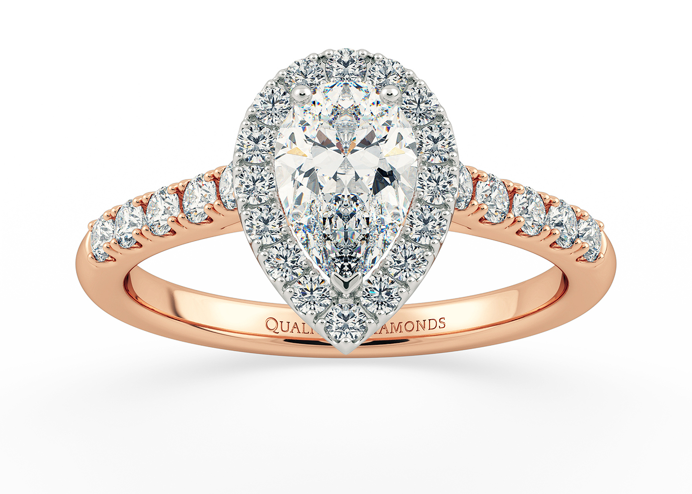 One Carat Lab Grown Pear Halo Diamond Ring in 18K Rose Gold