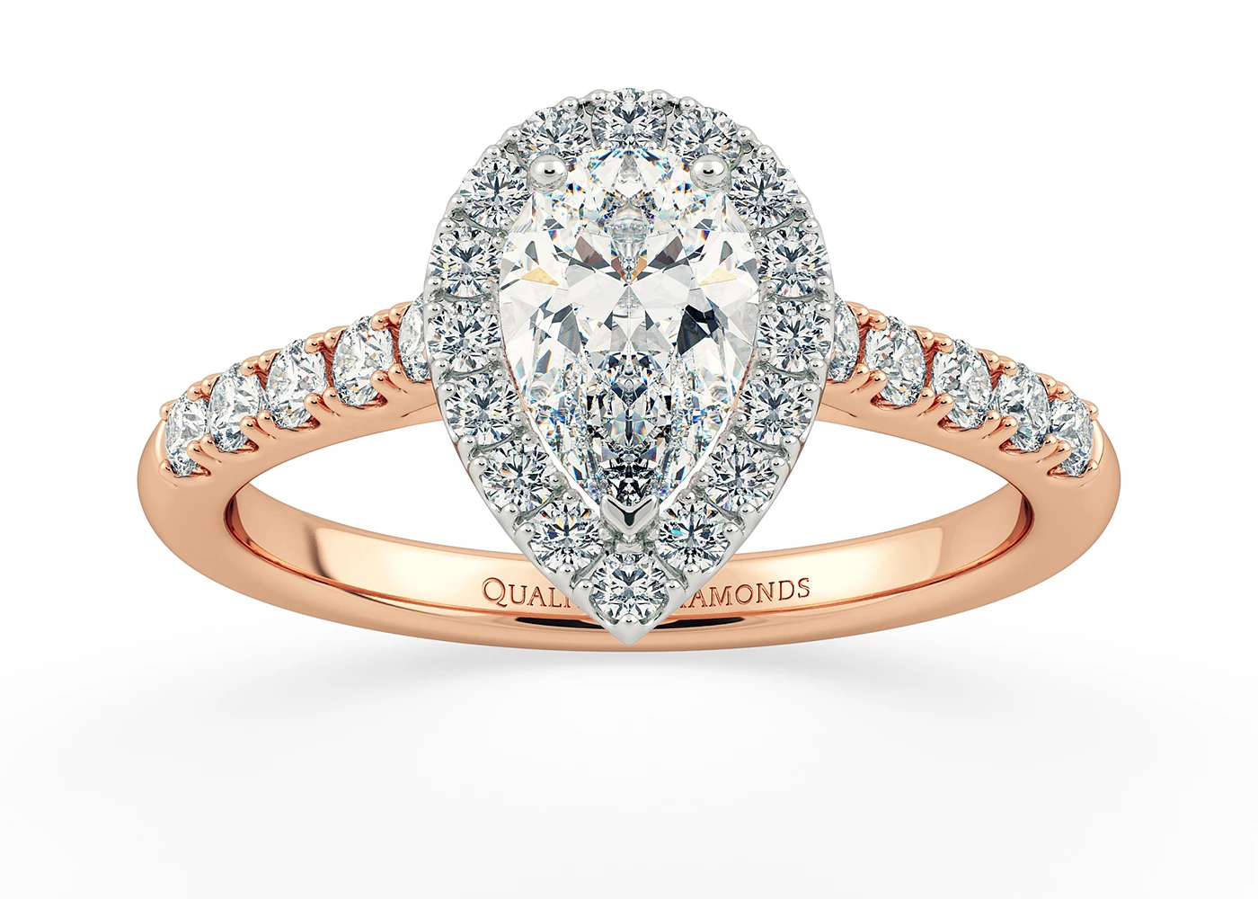 One Carat Pear Halo Diamond Ring in 18K Rose Gold