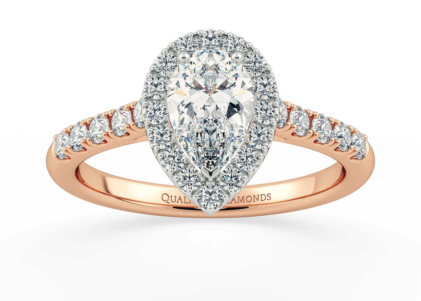 Half Carat Lab Grown Pear Halo Diamond Ring in 18K Rose Gold