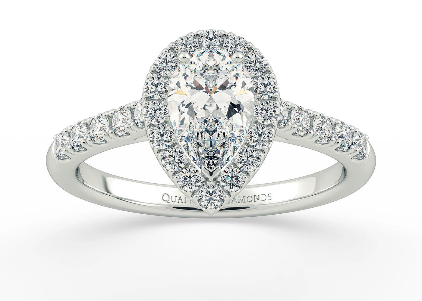 One Carat Lab Grown Pear Halo Diamond Ring in 18K White Gold