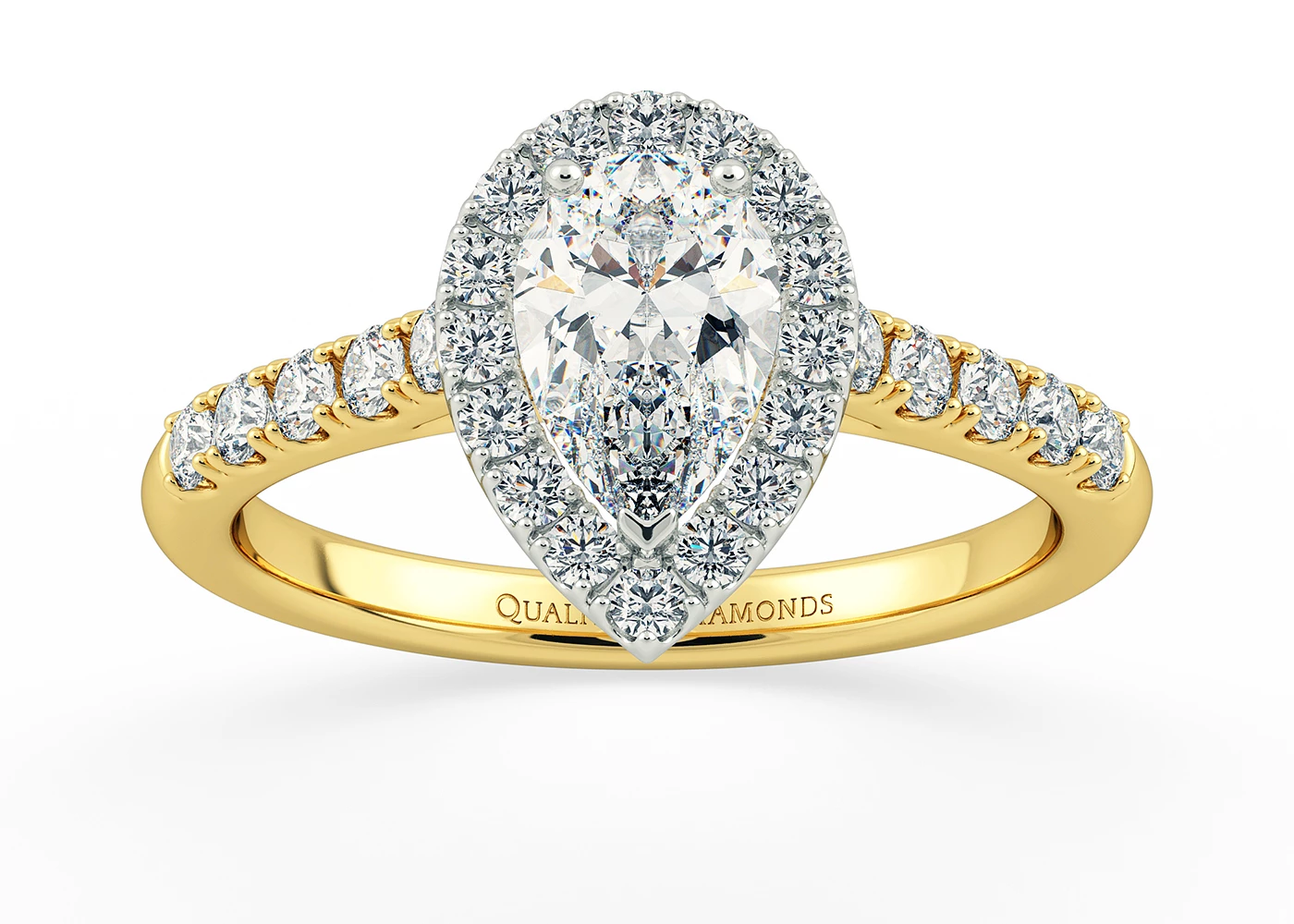 Two Carat Halo Pear Diamond Ring in 18K Yellow Gold