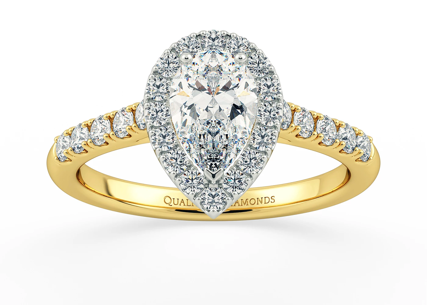 Two Carat Lab Grown Pear Halo Diamond Ring in 18K Yellow Gold